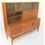 BEITHCRAFT TEAK SIDEBOARD with a pair of glass sliding upper doors above an open shaped shelf next