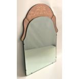 1950s ARCHED WALL MIRROR with an etched smoked mirrored upper section, 73cm high