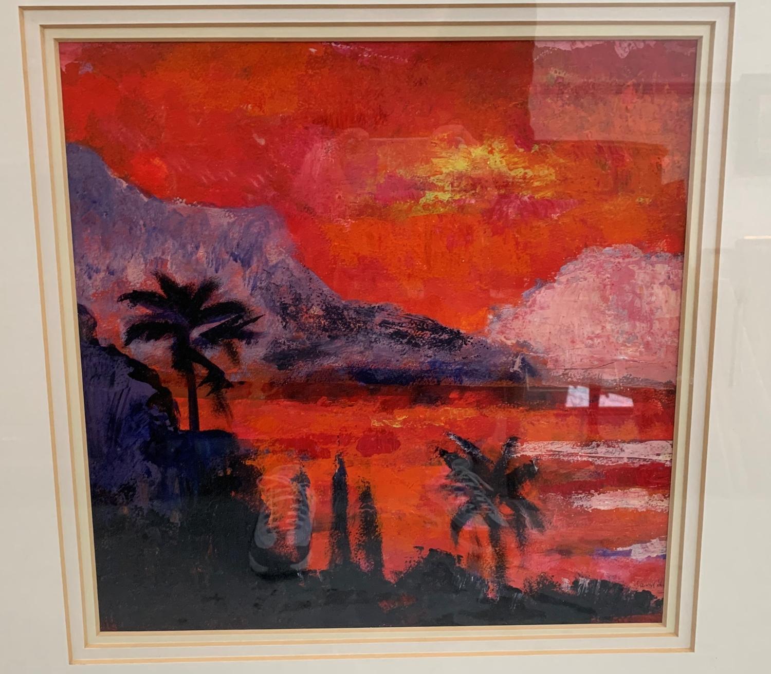 BRITISH SCHOOL Sunset on the beach, mixed media, indistinctly signed, 39.5cm x 39.5cm