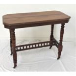 EDWARDIAN MAHOGANY WINDOW TABLE the oblong top with canted corners, standing on turned supports with