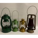 FOUR RAILWAY LANTERNS including a Pritchard-Strang Co. Rochester, New York, Prisco #0 with a red