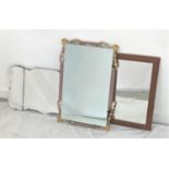 WAX PINE WALL MIRROR 59cm high, a rectangular shaped wall mirror, 68cm high and a three section