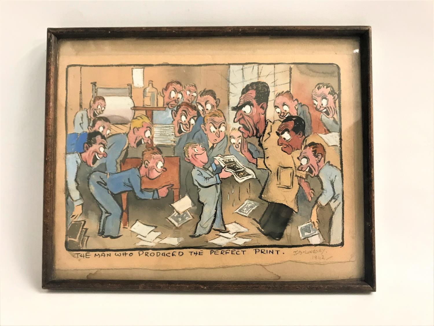 JACK LINDSAY PASTEL titled 'The man who produced the perfect print' signed J.S. Lindsay 1942, framed