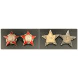 TWO WWII SOVIET RUSSIAN CAP BADGES of the Soviet Order Of The Red Star, in white metal and red