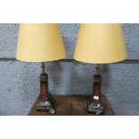 A PAIR OF SIMULATED MARBLE AND GILT TABLE LAMPS each with a rectangular spreading column on