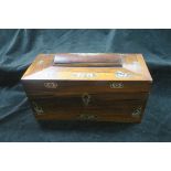 A 19TH CENTURY ROSEWOOD AND MOTHER OF PEARL INLAID TEA CADDY of sarcophagus outline 17cm (h) x 30cm