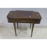 A 19TH CENTURY ROSEWOOD INLAID WRITING TABLE of rectangular bowed outline with tooled leather inset