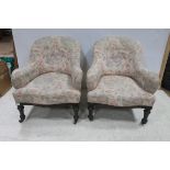 A PAIR OF 19TH CENTURY MAHOGANY AND UPHOLSTERED TUB SHAPED ARM CHAIRS with buttoned upholstered