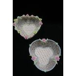 TWO BELLEEK INTERWOVEN HEART SHAPED DISHES with flower encrusted rim