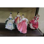 FOUR ROYAL DOULTON BONE CHINA FIGURES modelled as elegance fair lady (coral pink) southern belle
