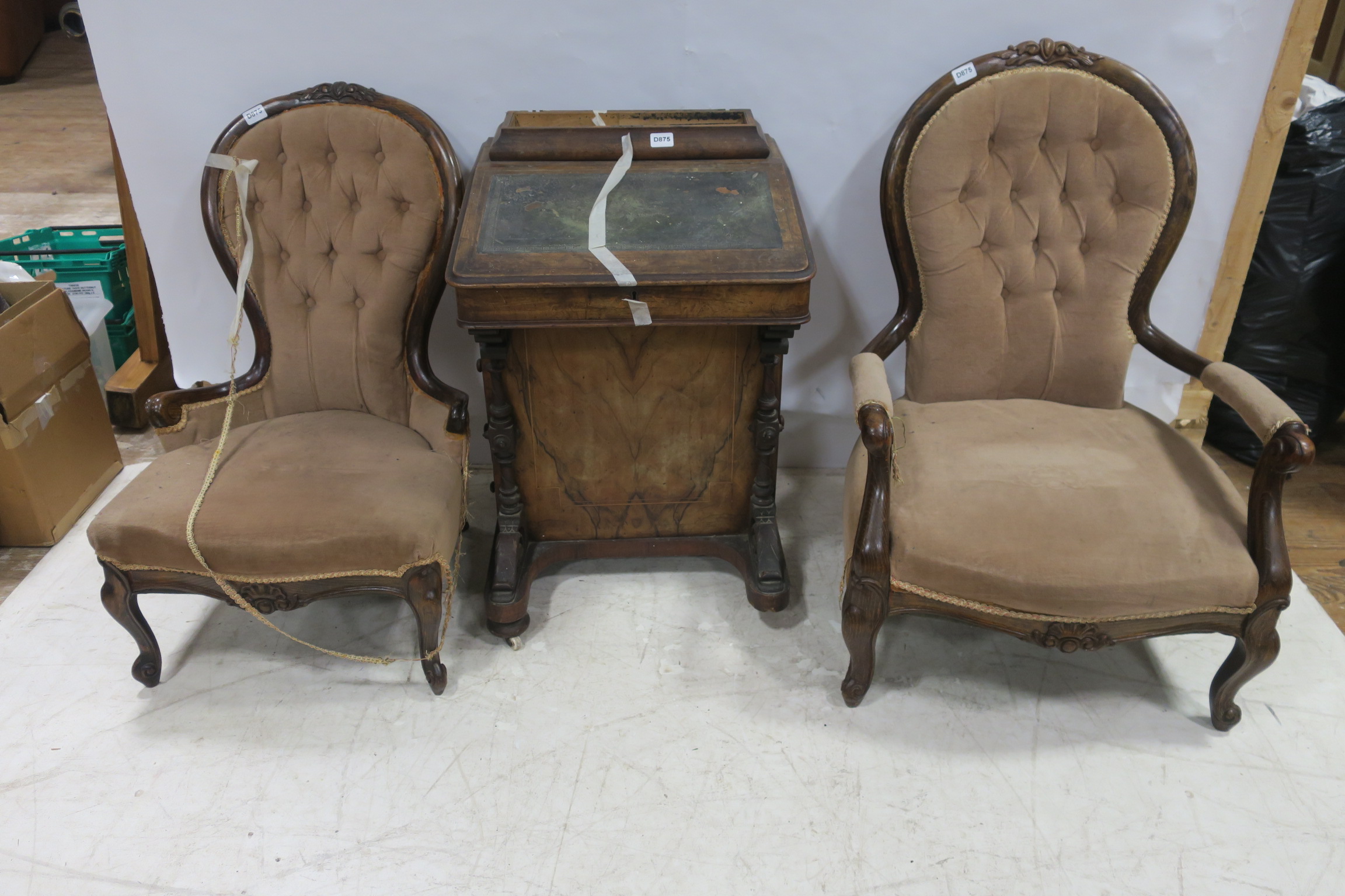 A 19TH CENTURY WALNUT DAVENPORT together with a Ladies and Gentlemen's beech frame and upholstered