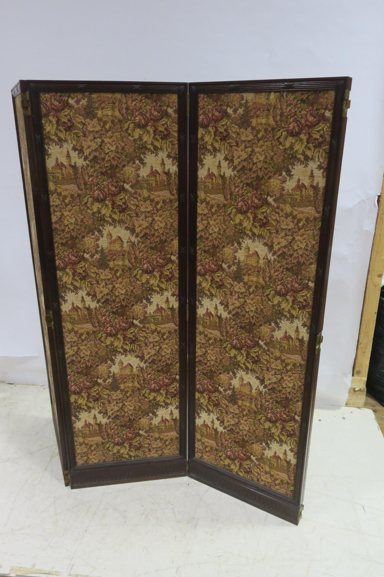 A 19TH CENTURY MAHOGANY AND UPHOLSTERED FOUR FOLD SCREEN the reeded and strap work frame with