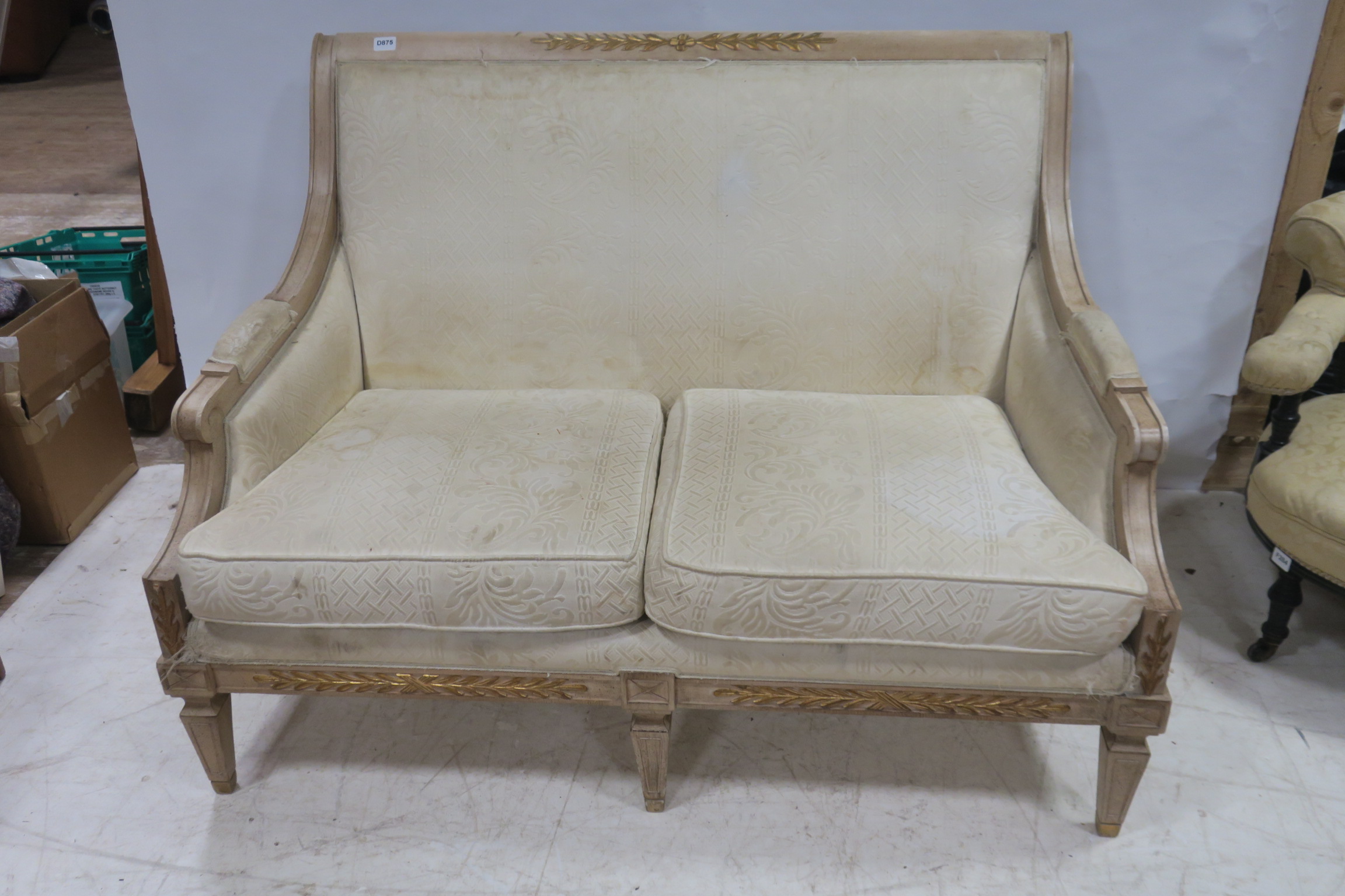 A CONTINENTAL POLYCHROME AND UPHOLSTERED TWO SEATER SETTEE with loose cushions on square tapering