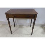 A 19TH CENTURY MAHOGANY OCCASIONAL TABLE of rectangular outline with frieze drawer on turned legs