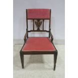 A 19TH CENTURY ROSEWOOD AND SATINWOOD INLAID SIDE CHAIR with upholstered back and carved splat