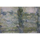 VAN GOUGH A COLOUR PRINT Landscape with figure 54cm x 69cm together with two other prints