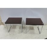 A PAIR OF RETRO TEAK AND CHROME END TABLES each of rectangular form raised on square tubular legs