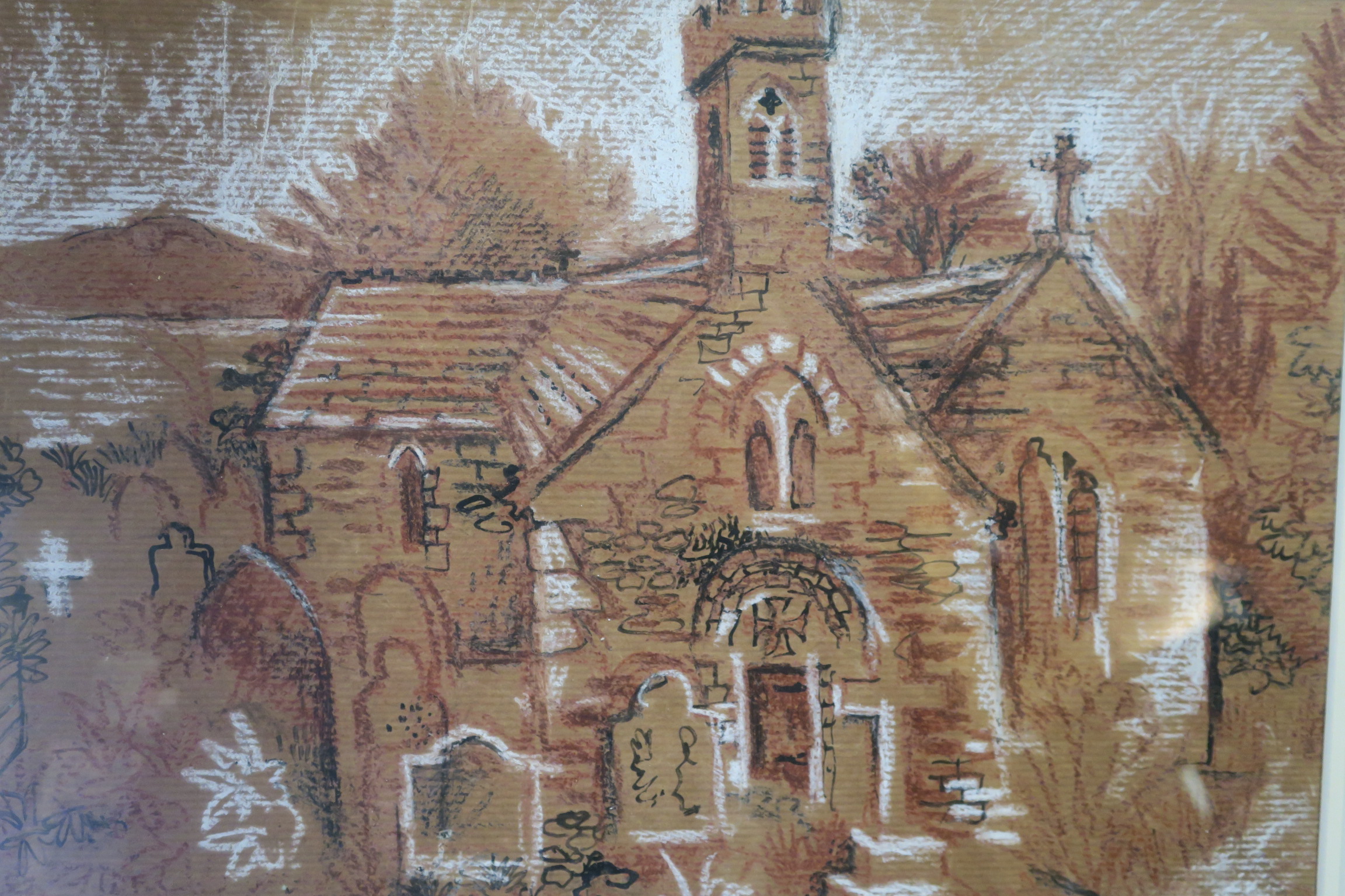 FRED YATES STUDY OF A CHURCH Charcoal and pastel Signed lower right Dated 70 26cm x 36cm