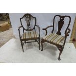 A QUEEN ANNE DESIGN MAHOGANY ELBOW CHAIR together with a Hepplewhite style elbow chair (2)