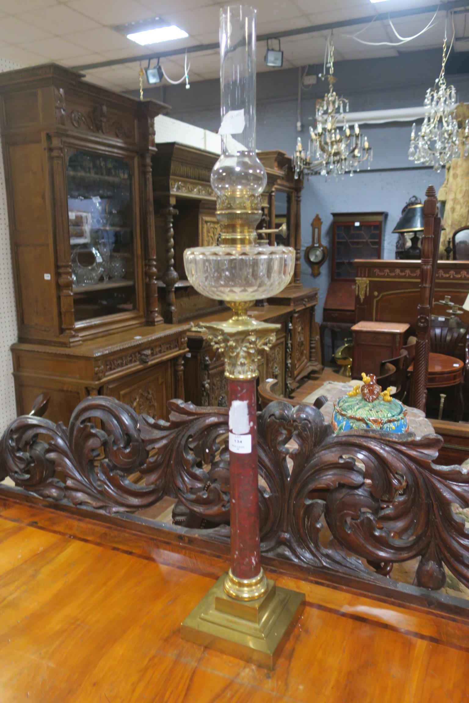 A VERY FINE 19TH CENTURY BRASS AND RED VEINED MARBLE OIL LAMP with Corinthian capital and glazed