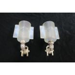A GOOD PAIR OF ART DECO WALL LIGHTS with plated back plates and arms and original vaseline glass