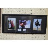 THREE COLOURED PHOTOGRAPHS Tiger Woods framed as one in ebonised frame