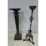 AN EBONISED JARDINIERE STAND together with a metal oil lamp stand