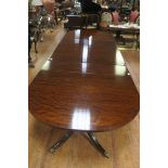 A GOOD GEORGIAN DESIGN MAHOGANY CROSS BANDED THREE POD DINING TABLE of rectangular outline with