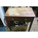 A 19TH CENTURY MAHOGANY SIDE TABLE of rectangular outline the shaped top with frieze drawer raised