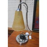 A VINTAGE CHROME TABLE LAMP with topaz frosted glass shade raised on circular foot 44cm (h)