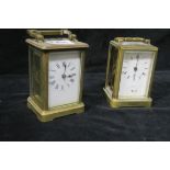 TWO BRASS CARRIAGE CLOCKS to include a repeater each with enamel dial and Roman numerals