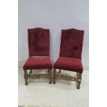 A PAIR OF JACOBEAN DESIGN BEECHWOOD AND UPHOLSTERED SIDE CHAIRS each with an upholstered back and