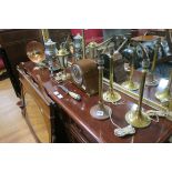 A MISCELLANEOUS COLLECTION to include three brass table lamps a vintage coffee percolator mantle