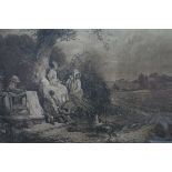 A PAIR OF 19TH CENTURY BLACK AND WHITE PRINTS Landscape with figures and cottage 37cm x 52cm