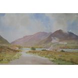 T LYNCH MOUNTAIN AND LAKE SCENE WITH COTTAGES A watercolour Singed lower right 29cm x 45cm