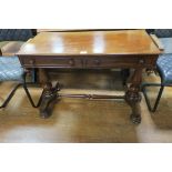 A VICTORIAN MAHOGANY SIDE TABLE of rectangular outline with two frieze drawers on baluster supports