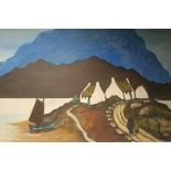 MARKEY ROBINSON MOUNTAIN AND LAKE SCENE THATCHED COTTAGES AND SHAWLEYS Mixed Media on panel Signed