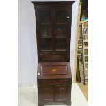 A 19TH CENTURY MAHOGANY AND SATINWOOD INLAID BUREAU BOOKCASE the inset moulded cornice above a pair