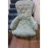 A 19th CENTURY MAHOGANY AND UPHOLSTERED BOUDOIR CHAIR,