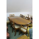 A REGENCY DESIGN MAHOGANY NINE PIECE DINING ROOM SUITE, comprising eight lyre back chairs,