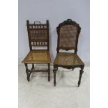 TWO 19TH CENTURY SIDE CHAIRS each with a cane back and seat on moulded legs