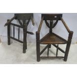 A PAIR OF CARVED OAK AND BOBBIN TURNED FRAME CHAIRS on turned front supports joined by cross