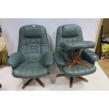 A PAIR OF HIDE UPHOLSTERED SWIVEL CHAIRS together with footstool en-suite