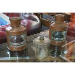 TWO MINIATURE COPPER SHIPS LAMPS described port and starboard together with a brass lamp with