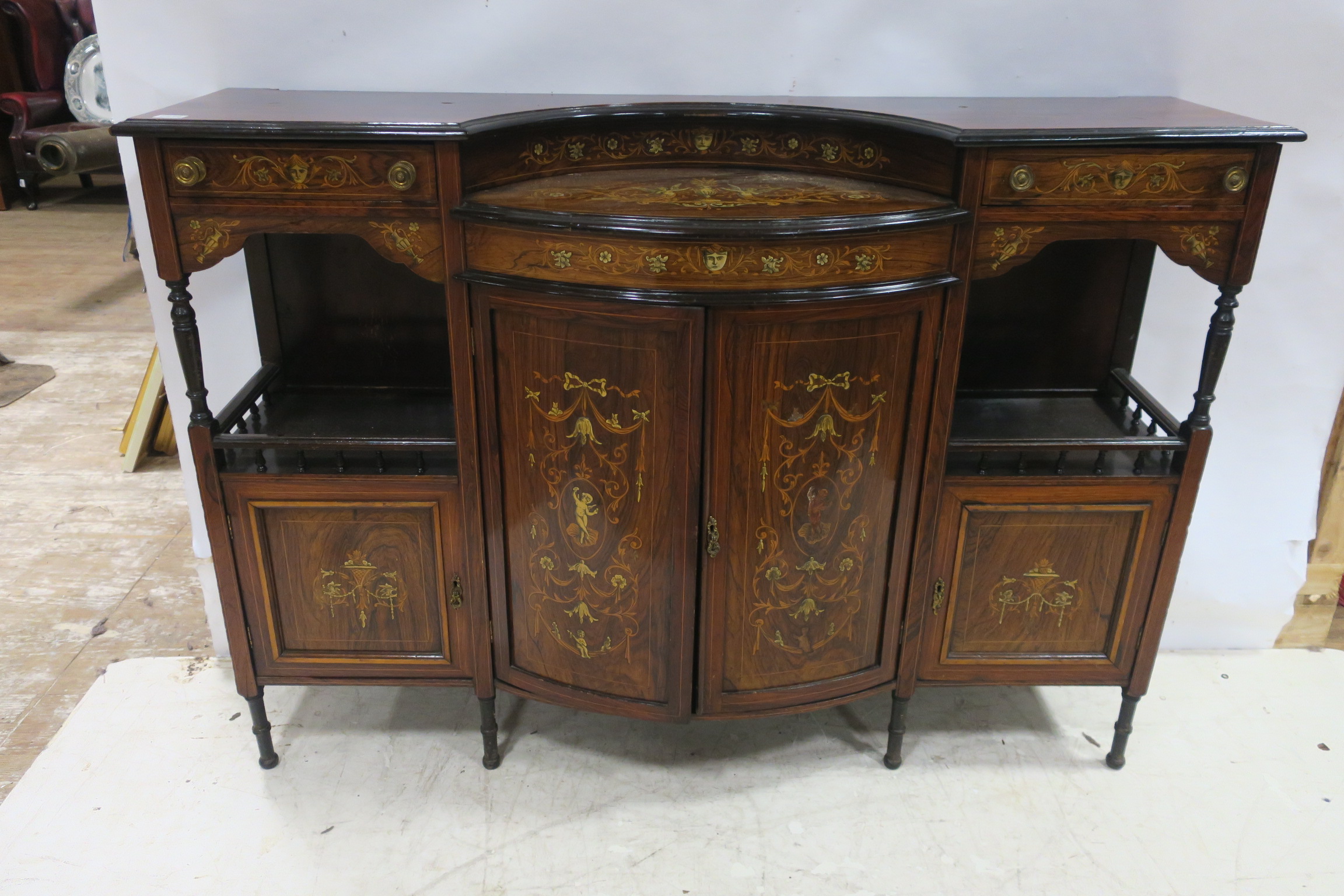 A GOOD 19TH CENTURY ROSEWOOD AND MARQUETRY SIDE CABINET of rectangular bowed outline with two