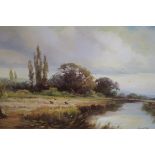 EDWARD JAMES ENGLISH SCHOOL 20TH CENTURY RIVERSCAPE With cattle and figures Oil on canvas Signed