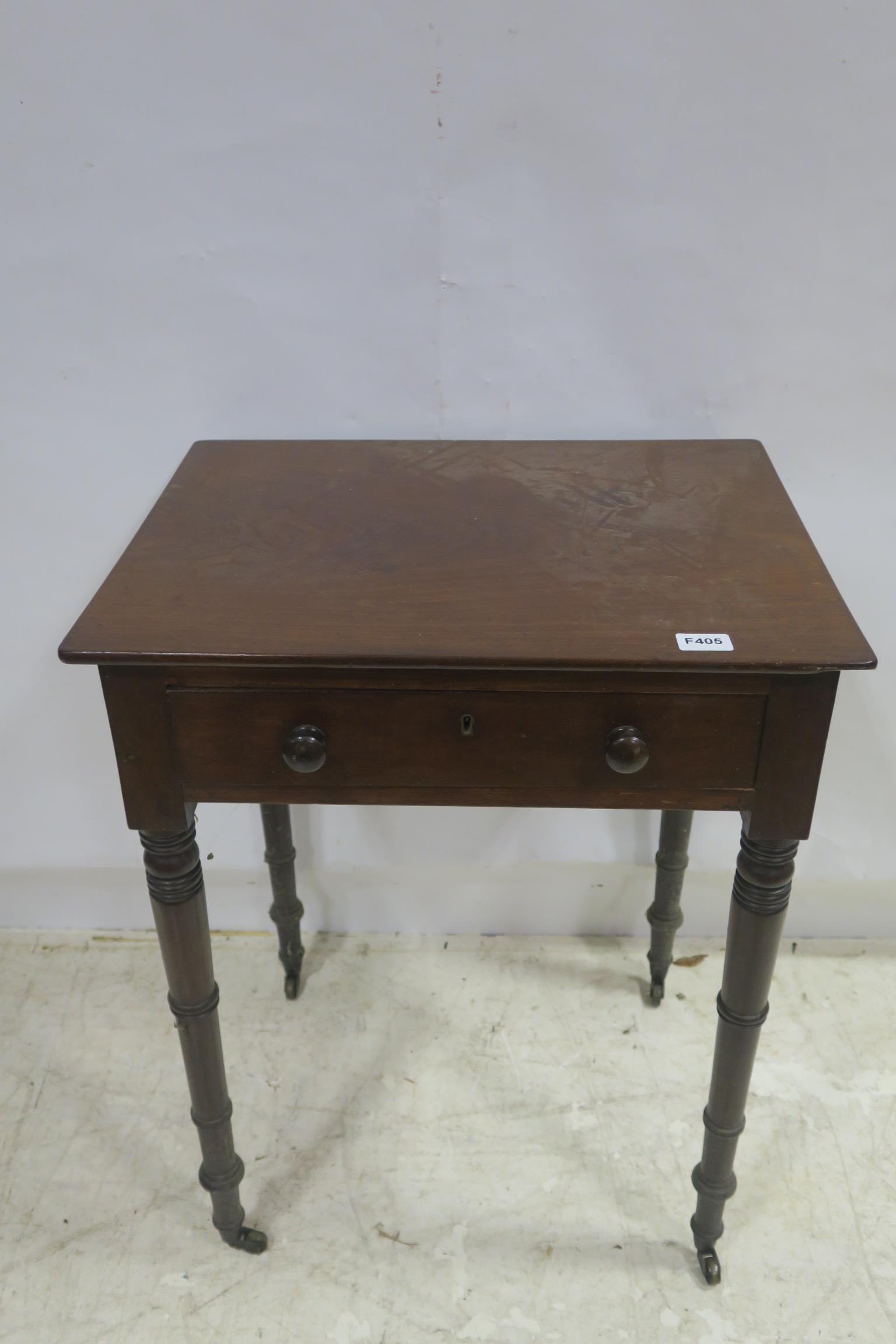 A 19TH CENTURY MAHOGANY OCCASIONAL TABLE the rectangular top with frieze drawer on turned legs 74cm