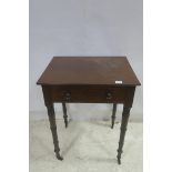 A 19TH CENTURY MAHOGANY OCCASIONAL TABLE the rectangular top with frieze drawer on turned legs 74cm