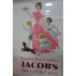 A FRAMED ADVERTISING SIGN inscribed Family Favourites Jacob's Biscuits and Cakes 47cm x 35cm