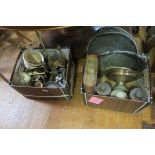 TWO BOX LOTS to include copper ware plated trays brass trivet etc etc